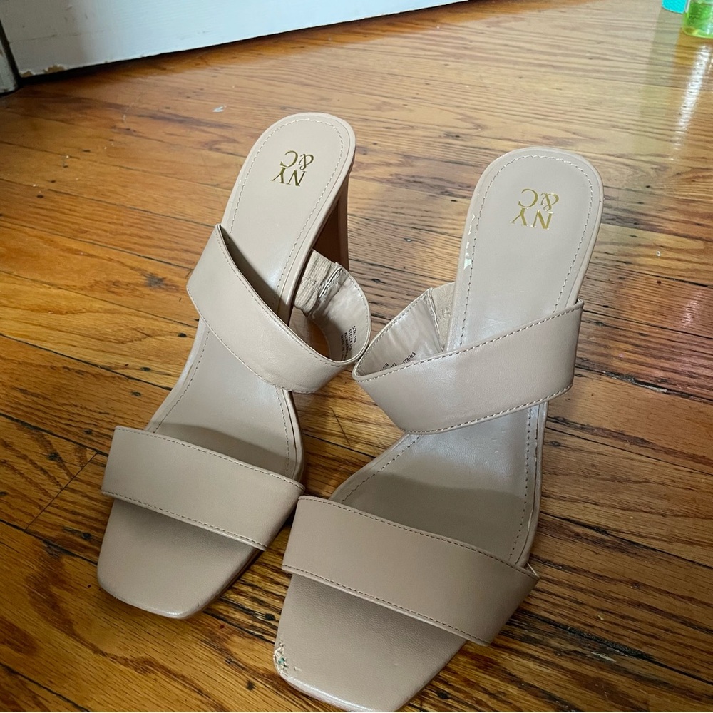 New York & Company Neutral Beige Double Strap Block Heel Sandals